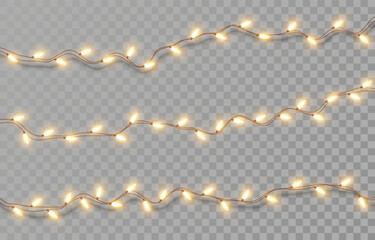 Electric garlands with yellow light bulbs. Christmas lights isolated on transparent background. Holiday decorations with glowing lights for Christmas, New Year, party, event. Vector illustration