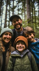 Sticker - A family poses for a picture in the woods. Generative AI.