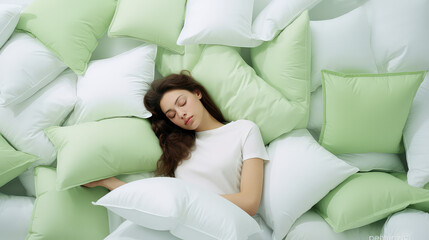 Young woman sleep surrounded by a pile of pillows on a green pastel background. Creative concept for mattress and pillow store, orthopedic sleep products.