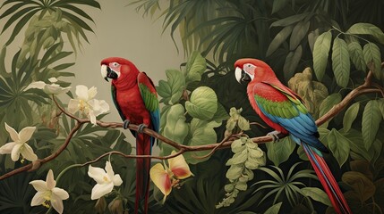  two parrots sitting on a branch in a tropical forest.  generative ai