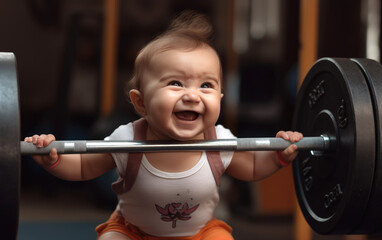 Canvas Print - Little strong baby girl lifts heavy barbell