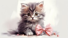  A Kitten With A Pink Bow Sitting Next To A Flower.  Generative Ai