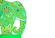 Green elephant hand drawn with delicate oriental designs for ethnic Indian design. Fragment of an elephant and a white background for text.