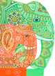 Orange small elephant and big green elephant, hand drawn with delicate and subtle oriental designs for ethnic Indian design. Decorative colored elephants with place for text.