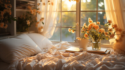 Wall Mural - open book and flowers on the window in the sunlight. cozy autumn still life. autumn mood. selective focus