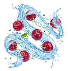 Wall Mural - cherries falling with water splashes isolated on white background