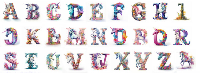 Set of Unicorn Letters Alphabet, illustrated Unicorn Children's Alphabet