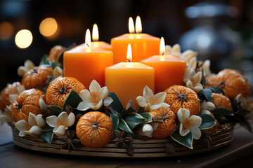 Poster - A close-up of a St. Lucia's Day wreath with candles, symbolizing the holiday's emphasis on bringing light to the darkness. Generative Ai.