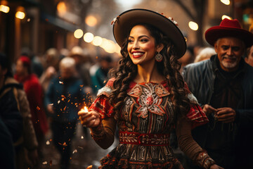 Poster - A vibrant Las Posadas parade in a Mexican town square, featuring colorful costumes and festive decorations. Generative Ai.