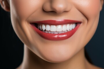 Sticker - Close-up of a woman's smile with beautiful white teeth. Portrait with selective focus and copy space