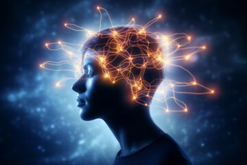 conceptual abstraction of brain neurons. insight concept. portrait with selective focus and copy spa