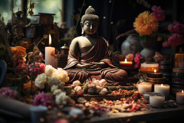 Poster - A Bodhi Day altar with offerings of incense, flowers, and fruits, set up to pay respects to the Buddha. Generative Ai.