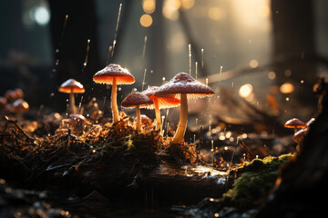 Canvas Print - Fungi spreading their delicate mycelium networks through soil, supporting forest ecosystems. Concept of mycology and symbiotic relationships. Generative Ai.