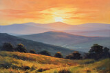 Fototapeta Na ścianę - Layers of Tranquility: Small Mountain Landscape in Oil, a Rolling Hills Sunset