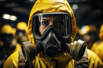 Poster - A worker with protective gear in a hazardous environment, highlighting workplace safety risks. Concept of occupational hazards. Generative Ai.