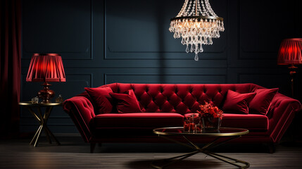 Wall Mural - red sofa with red velvet in a modern interior with a dark blue velvet and a red sofa.