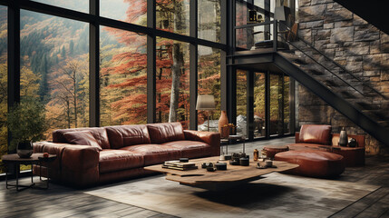 Wall Mural - modern interior with fireplace and wooden table.