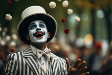 An Expressive Mime Performing In A Quiet Park, Delighting Onlookers With Silent Humor. Concept Of Nonverbal Communication And Entertainment. Generative Ai.