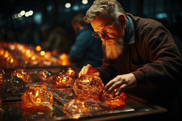 Poster - A talented glassblower shaping molten glass into intricate sculptures with finesse. Concept of glass artistry and craftsmanship. Generative Ai.