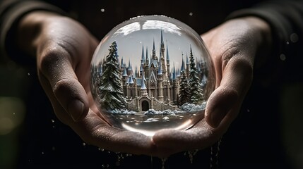 Wall Mural -  a person holding a snow globe with a castle in it.  generative ai