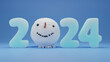 3d rendering of the date of the new year 2024 and the head of the snowman. 3d illustration for Christmas and New Year cards, banners and greetings. The joy of the new year 2024