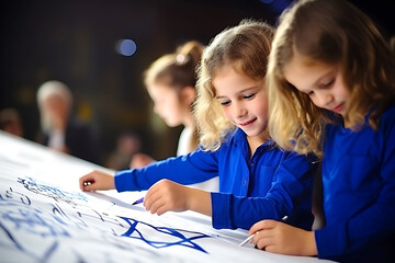 Children girls in blue shirts draw a star of David on white paper