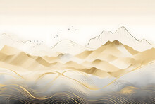 Mountain And Golden Line Arts Background Vector. Oriental Luxury Landscape Background Design With Watercolor Brush And Gold Line Texture. Wallpaper Design, Wall Art For Home Decor And Prints. 