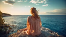 Beautiful Woman Sitting Coral Reef At Beach Looking Sea Back View. AI Generated Image