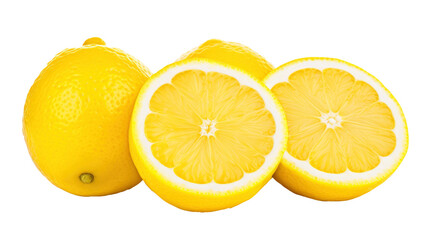 Wall Mural - Fresh sliced lemons, also whole lemons, isolated demarcated against transparent background, PNG