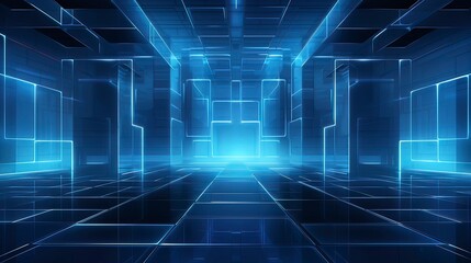 Blue neon background, empty interior futuristic architecture. Generation AI