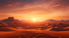 A Desert Sunset, With A Vast Expanse Of Sand Dunes Stretching To The Horizon, And The Setting Sun Casting A Warm, Golden Glow Over The Arid Landscape, Evoking The Tranquility Of Desert Evenings
