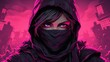 © X-Poser - Ninja girl in a black hoodie with purple eyes and a pink background. Fantasy concept , Illustration painting.