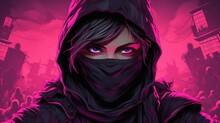 Ninja Girl In A Black Hoodie With Purple Eyes And A Pink Background. Fantasy Concept , Illustration Painting.