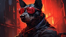 Cyberpunk Dog Wears Red Sunglasses With A Red Background. Fantasy Concept , Illustration Painting.