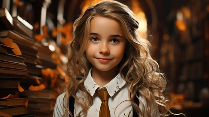 beautiful little girl with long blonde hair standing behind many books. Fantasy concept , Illustration painting.