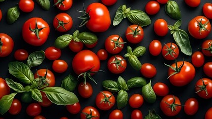 Wall Mural - Fresh tomatoes and basil - food pattern. Cooking background. Food cooking concept.