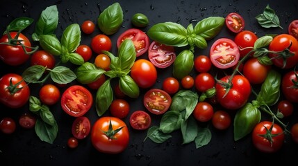 Wall Mural - Fresh tomatoes and basil - food pattern. Cooking background. Food cooking concept.