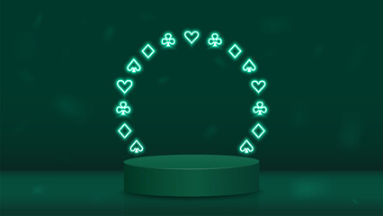 Wall Mural - An empty 3D podium with a neon frame of suits of cards for poker diamonds, spades, crosses and hearts on a green background. A concept for a casino.