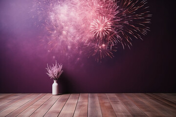 Canvas Print - New year, fire work, white and pink and purple color background, copy space, empty space. AI generative