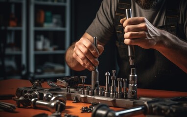 Wall Mural - A close-up photography of a mechanic hands repairing engine parts