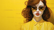 illustration drawing with paints portrait of a young brunette woman in yellow clothes and glasses on a yellow background. Youth is beautiful