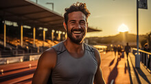 A Photo Of A Latino Male Sprinter Athlete On A Track Holding In His Hand And Drinking Cold Isotonic Sports Water Drink. Sweaty After Exercises. Blurry Stadium Background. Generative AI