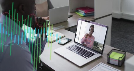 Sticker - Animation of financial data processing over african american businessman on laptop video call