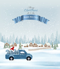 Wall Mural - Holiday Christmas and Happy New Year background with with evening landscape and blue car with 2024 numbers and Santa hat. Winter illustration, banner, vector