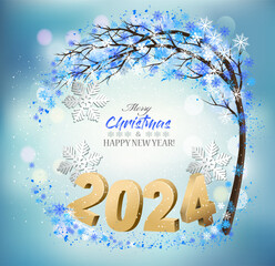 Wall Mural - Merry Christmas and Happy New Year Background with 2024 numbers and christmas tree with snowflakes. Vector