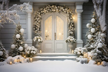 Christmas Decoration Of House Porch, White Front Door On Winter Holiday, Wooden Home Entrance With Trees, Garland, Snow And Candles. Theme Of Design, Xmas