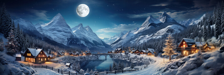 mountain landscape with ski resort in lights at night, panoramic view of village, snow, sky and moon