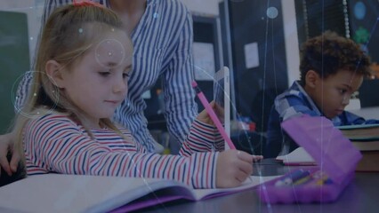 Canvas Print - Animation of network of connections over caucasian female teacher and girl using laptop at school