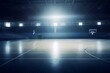 Wide view of a basketball court with slight motion blur and blue toning. Generative AI