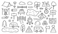 Camping And Hiking Doodle Set. Outdoor Travel Map Elements: Mountains, Forest, Road, House, River In Sketch Style. Hand Drawn Vector Illustration Isolated On White Background